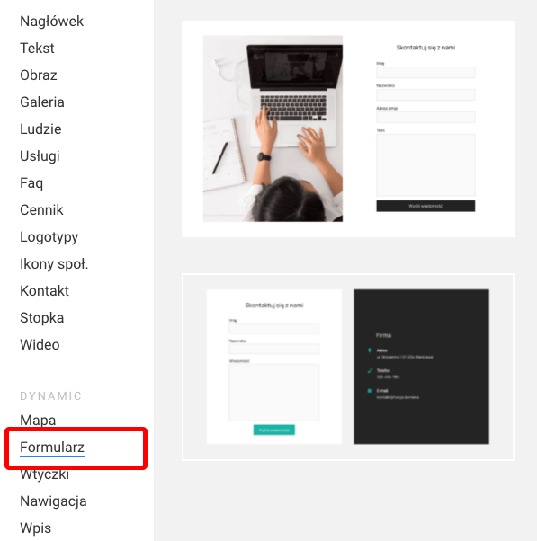 wybierz formularz na strone internetowa
